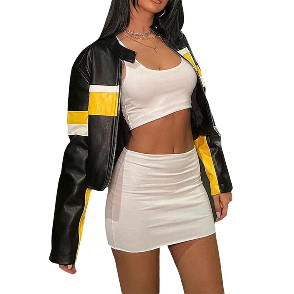 Women PU Leather Bomber Jacket Oversized Zipped Color Block